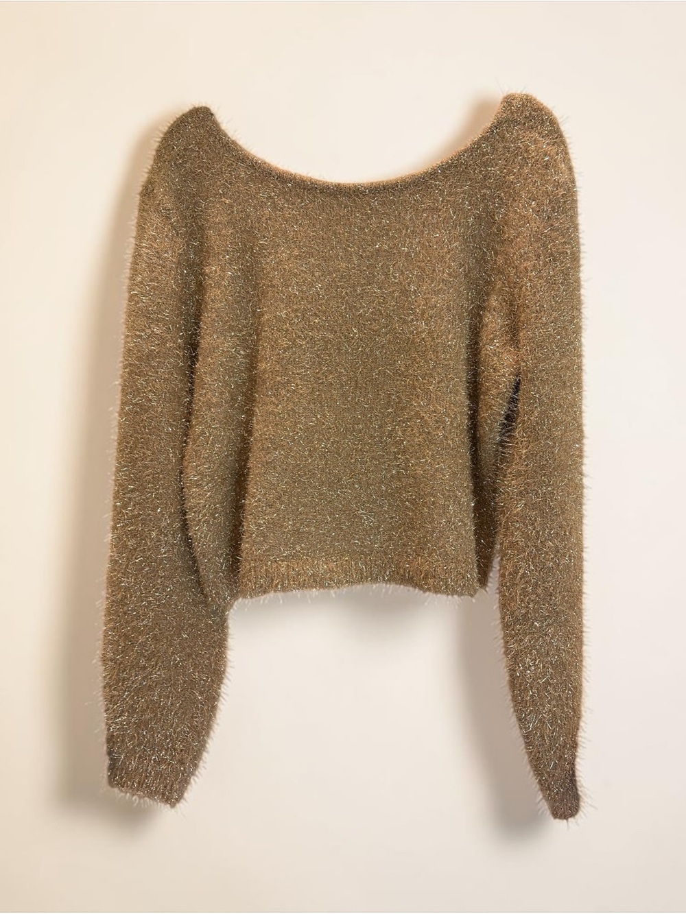 Anthropologie Metallic Off-the-Shoulder Fuzzy Sweater